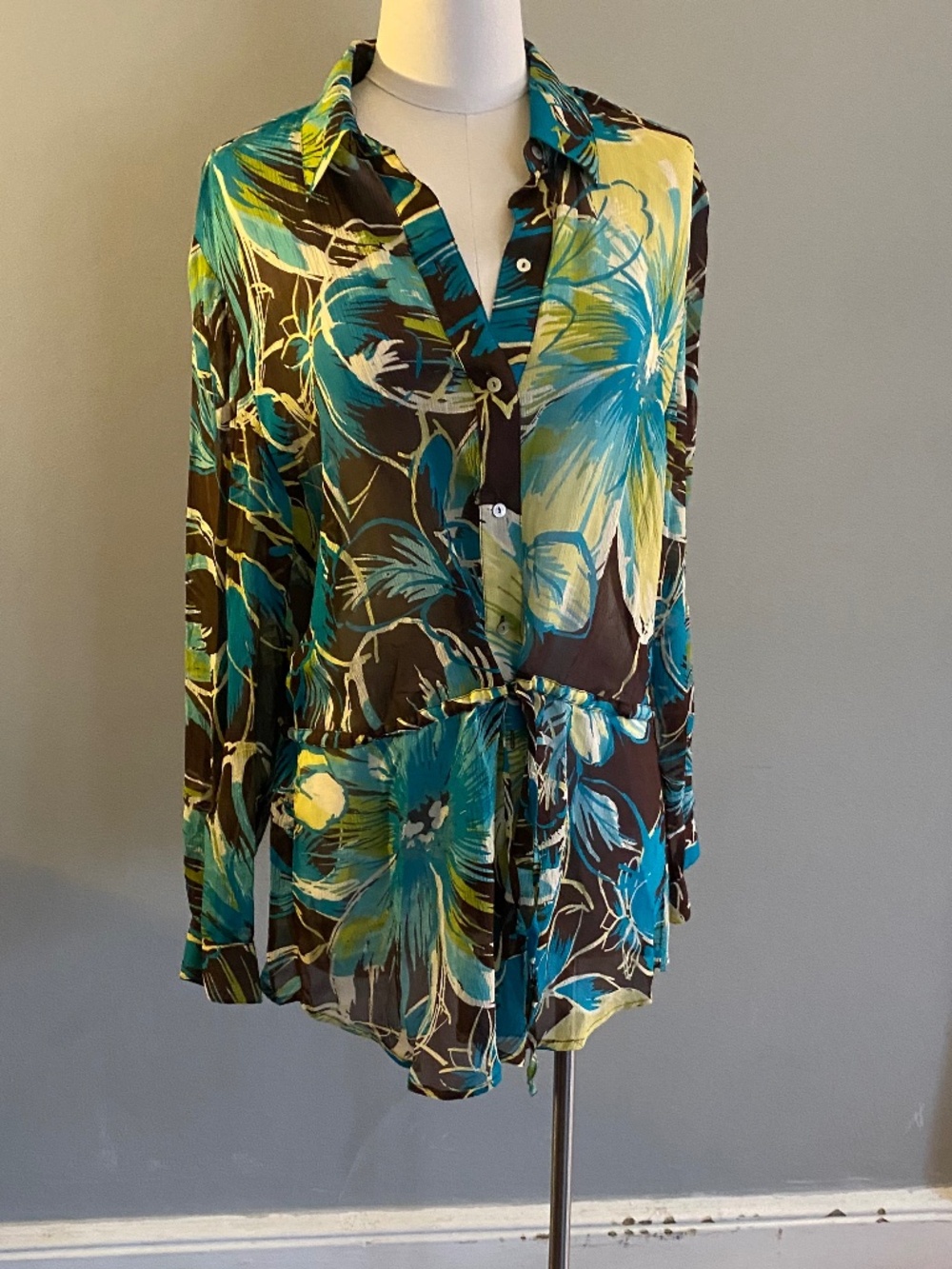 Chico's Silk Womens Sheer Blouse Tunic Long Sleeve Waist Drawstring